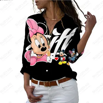 Весенняя новая женская черная рубашка, Новая рубашка с длинным рукавом, Милая повседневная рубашка с 3D принтом Disney, Микки и Минни, Готическая рубашка свободного кроя