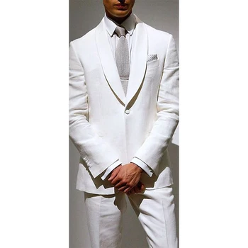 Сшитый на заказ Белый мужской костюм, Смокинг Жениха, костюм на заказ, Шаль с лацканами на 1 пуговице, Белые свадебные костюмы для мужчин