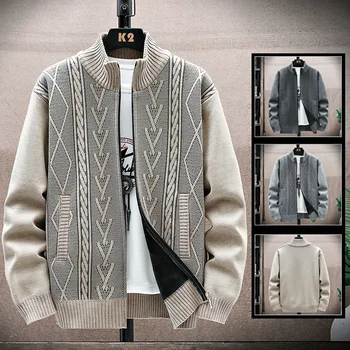 Осенний новый кардиган, мужской трендовый свитер, Индивидуальное пальто со свободным стоячим воротником, плюшевый утолщенный вязаный топ
