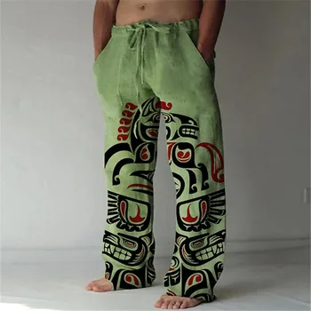 Летние мужские брюки с эластичной резинкой на талии, прямые штанины, ретро-графические принты, Комфортные повседневные Гавайские пляжные брюки для отдыха