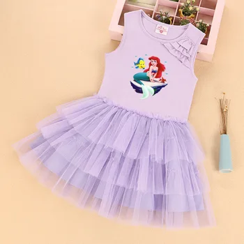 Платье принцессы Ариэль для девочек, летние детские кружевные платья без рукавов с мультяшным принтом, Vestidos, детская одежда Disney от 4 до 10 лет
