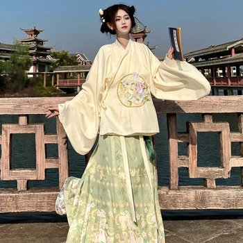 Зимние женские платья Hanfu 2023 с вышивкой кролика, китайский женский топ с круглым воротником в восточном стиле династии Мин, комплект юбок Ma Mian