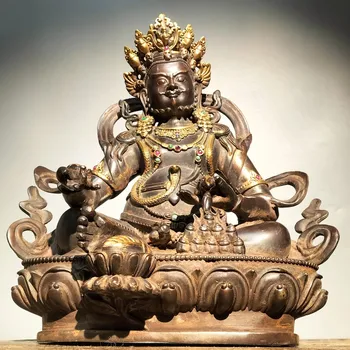 Коллекция Тибетского храма 12 дюймов, Старая бронза, киноварь, позолоченный Хуан Кайшен, Желтый Бог богатства, Будда, платформа для лотоса, Сидящий Будда