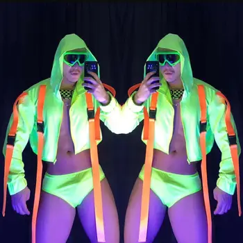Уличный танцевальный костюм в стиле хип-хоп, Мужской Костюм для ночного клуба, Флуоресцентный Зеленый Костюм Для Танцев на шесте Gogo, Куртка, пальто, Шорты, Рейв-наряд