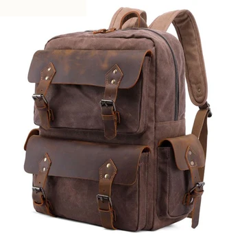 Винтажный рюкзак из вощеного холста, мужской рюкзак из натуральной кожи, мужской дорожный рюкзак, большой подростковый школьный рюкзак, дорожная сумка
