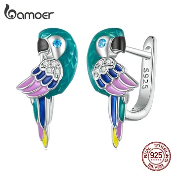Bamoer Стерлинговое серебро 925 пробы, разноцветные эмалевые пряжки для ушей Попугая, серьги-кольца с птицами для женщин, ювелирные украшения с платиновым покрытием