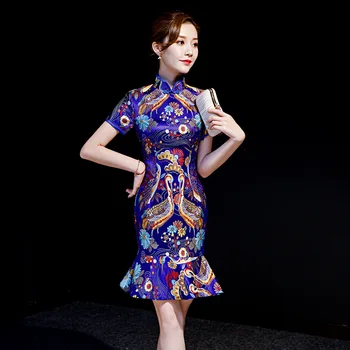 Сексуальное короткое платье с вышивкой в стиле Русалка Чонсам Ретро С воротником-стойкой, атласное китайское женское вечернее платье Ципао