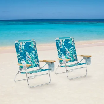 Пляжный стул комфортной высоты с откидывающимся деревянным подлокотником, 2 упаковки, зеленая пальма, 32,28x27,56x36,22 дюйма