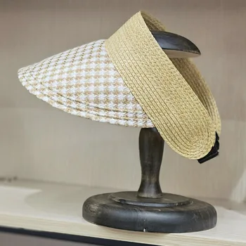 Новая соломенная кепка в клетку с принтом ручной работы, Женская кепка с козырьком, Пляжная шляпа с пустым верхом, Летние шляпы в стиле пэчворк, Модная УФ-шляпа