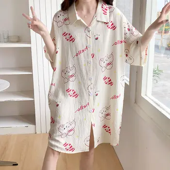 Милая ночная рубашка, женское летнее платье для отдыха большого размера с короткими рукавами, хлопковая пижама с пузырями, длинное платье-рубашка
