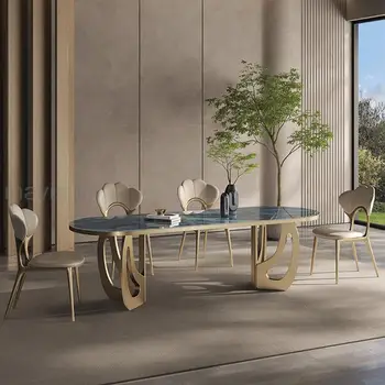 Роскошные Кухонные столы Голубая Мраморная панель с красивой текстурой, Золотистый прямоугольный обеденный стол из нержавеющей стали со скругленными углами