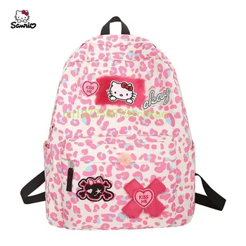 Школьный рюкзак Hello Kitty в Японском стиле, мягкий рюкзак для девочек с рисунком Hello Kitty, Корейский Ins, милый рюкзак с леопардовым принтом