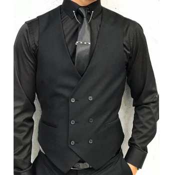 Формальный мужской жилет без рукавов с Двубортным цельнокроеным черным жилетом для мужского Костюма, Изготовленный на Заказ Свадебный Смокинг, Модное пальто