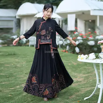 2023, китайский национальный стиль, новая женская китайская винтажная рубашка с воротником-стойкой и длинным рукавом, жаккардовая вышивка, улучшенная рубашка чонсам s437