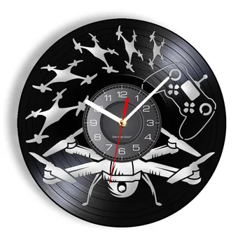 Модель самолета Летающие дроны Вертолет Виниловые часы для записи альбома Декор комнаты для подростков Беспилотный автомобиль Ретро Настенные часы Подарок Пилота Дрона