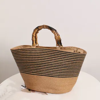 Новая соломенная сумка Вомбамбу во французском ретро-стиле, Новая Плетеная сумка-клатч в полоску Большой емкости, Женская сумка-корзина для переноски