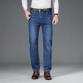 Осенне-зимние плотные джинсы, мужские эластичные деловые Свободные прямые повседневные брюки из денима, длинные универсальные