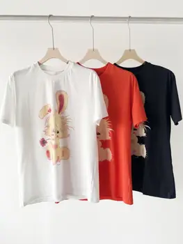 Новая женская футболка с короткими рукавами из 100% хлопка, топы с круглым вырезом в стиле ретро с животными, 2023, Весна-лето