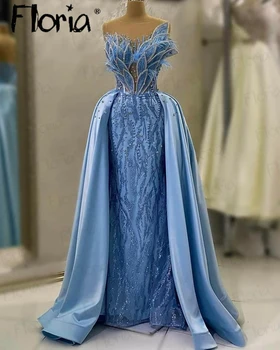 Официальные Вечерние платья с голубыми перьями, Женский отстегивающийся шлейф, 2023, расшитое бисером платье-футляр с 3D рисунком листьев, Платья для свадебных вечеринок