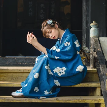 Женское Традиционное Японское Кимоно Юката, Халат для Фотосъемки, Платье Для Косплея, Костюм Темно-синего Цвета С цветочным принтом, Винтажная одежда