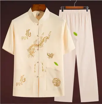 Летний Мужской Традиционный китайский комплект одежды, повседневный костюм в стиле Восточного Тан с коротким рукавом, Винтажный тонкий