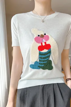 2023 Новая женская футболка с вышивкой, Длинноухий кролик, Изысканный вязаный халат с коротким рукавом, Модная летняя женская одежда с коротким рукавом