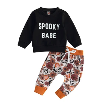 Осенняя одежда для маленьких мальчиков, толстовки с длинными рукавами и буквенным принтом, длинные штаны с цветочным рисунком Черепа, комплект одежды на Хэллоуин из 2 предметов
