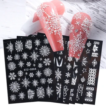 8шт 5D Наклейки Для ногтей С Тиснением, Набор Новогодних Наклеек, Белые Снежинки с Гравировкой 