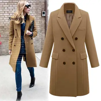 Пальто Оверсайз размера 5XL, женская зимняя теплая утепленная Двубортная ветрозащитная куртка, Приталенные Длинные шерстяные пальто