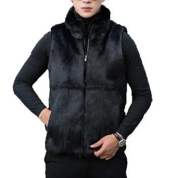 Мужской Жилет из цельного кроличьего меха, зимнее теплое пальто, куртка с карманом, толстый жилет черного цвета