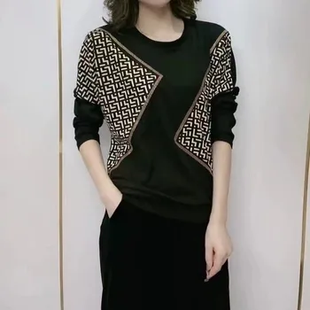 Весенне-осенняя винтажная женская леопардовая футболка с длинным рукавом, корейская мода, Свободные пуловеры с бриллиантами на шее, женские топы