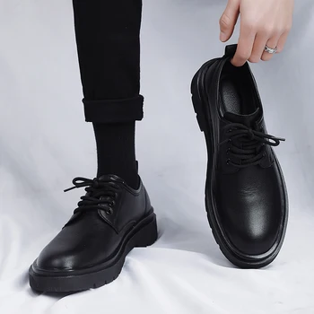 Мужская обувь 2023, Новая Летняя Повседневная Кожаная Обувь черного цвета в британском Стиле, Мужская Деловая Обувь Для студентов, Модная Рабочая Обувь с Большой Головкой, Мужская Обувь 20