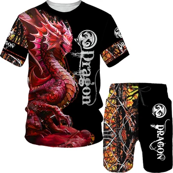 Мужская футболка и шорты, винтажная уличная одежда с 3D-принтом дракона, высококачественный летний комплект из двух предметов