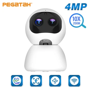 PEGATAH 4-мегапиксельная WiFi-камера HD с двойным объективом и 10-кратным зумом, IP-камера безопасности в помещении, AI, Обнаружение человека, Камеры видеонаблюдения ночного видения