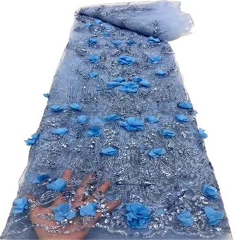 Синяя Высококачественная Элегантная французская сетка, тюль с вышивкой, 3D Цветочная ткань, Африканская нигерийская кружевная ткань для свадебного платья