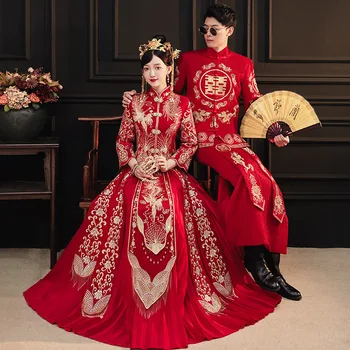 2023 Новые Китайские свадебные наборы Xiuhe Cheongsams с Драконом и Фениксом, платье для тостов Невесты, Костюм Тан Ханфу, Формальный Традиционный Ципао