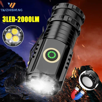 Портативный Мини светодиодный фонарик 3LED со сверхсильной световой вспышкой, USB Перезаряжаемый встроенный аккумулятор с зажимом для ручки и хвостовым магнитом