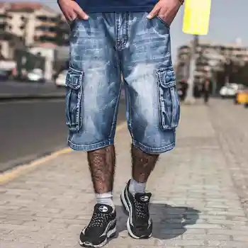 Мужские Летние Повседневные Свободные джинсовые шорты, Мужские Джинсовые шорты-карго Для мужчин, прямые широкие Короткие Джинсы, Бермуды большого размера 30-46