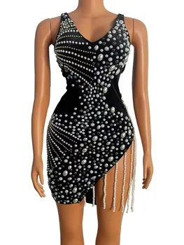 Костюм АК для девушки из ночного клуба, бархатная юбка с разрезом из бриллиантов и жемчуга, юбка с кисточками, ручная модель певицы