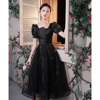 Элегантное черное фатиновое вечернее платье трапециевидной формы, Темпераментное женское вечернее платье с коротким рукавом для выпускного вечера