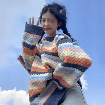 Женский осенне-зимний полосатый вязаный свитер, Пуловер, Свободная одежда для улицы, Ленивый ветер, Ретро Мягкий Клеевой японский