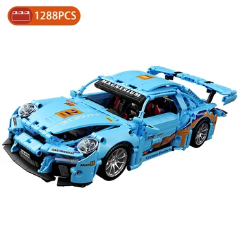 Высокотехнологичная супер гоночная спортивная синяя модель автомобиля, строительные блоки, городской механический гонщик, знаменитый скоростной автомобиль, кирпичи, игрушки MOC, подарок для детей