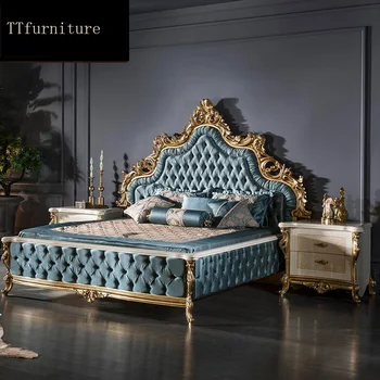 Современная европейская кровать из массива дерева для 2 человек Модная резная кожаная французская мебель для Спальни King Size jxj69