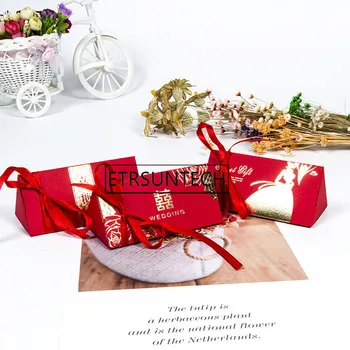 200шт Брак В Китайском стиле Красное Золотое Двойное Счастье Коробка конфет Лента Подарочная коробка для Свадебной вечеринки