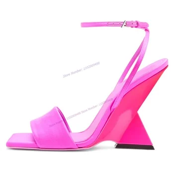 Розово-Красные Босоножки на Каблуке в Странном Стиле с Пряжкой на щиколотке, Обувь с открытым Квадратным носком для Женщин, Пикантные Туфли на высоком Каблуке 2023, Zapatos Para Mujere