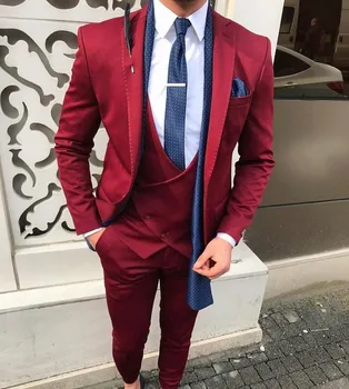 2020 Новый Модный Бордовый Мужской костюм, комплект из 3 предметов, вечерние смокинги для вечеринок с вырезами на лацканах, Женихи (Блейзер + жилет + Брюки)