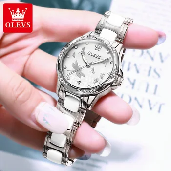 Механические часы OLEVS для женщин, элегантный керамический ремешок, водонепроницаемые женские наручные часы, подарок на День Святого Валентина, модные женские часы