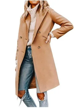 Женское пальто 2023, осенне-зимнее одиночное шерстяное пальто, Однотонная женская твидовая куртка с длинным рукавом
