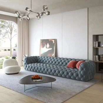 Итальянская легкая роскошная минималистичная кожаная ткань прямой ряд с полной выдвижной кнопкой комбинация диванов Американская гостиная