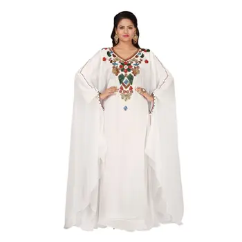 Дубайский Кафтан, Пуловер с длинным рукавом, Белый халат с V-образным вырезом, Модная вышивка, Марокканская этническая одежда из ткани Жоржет